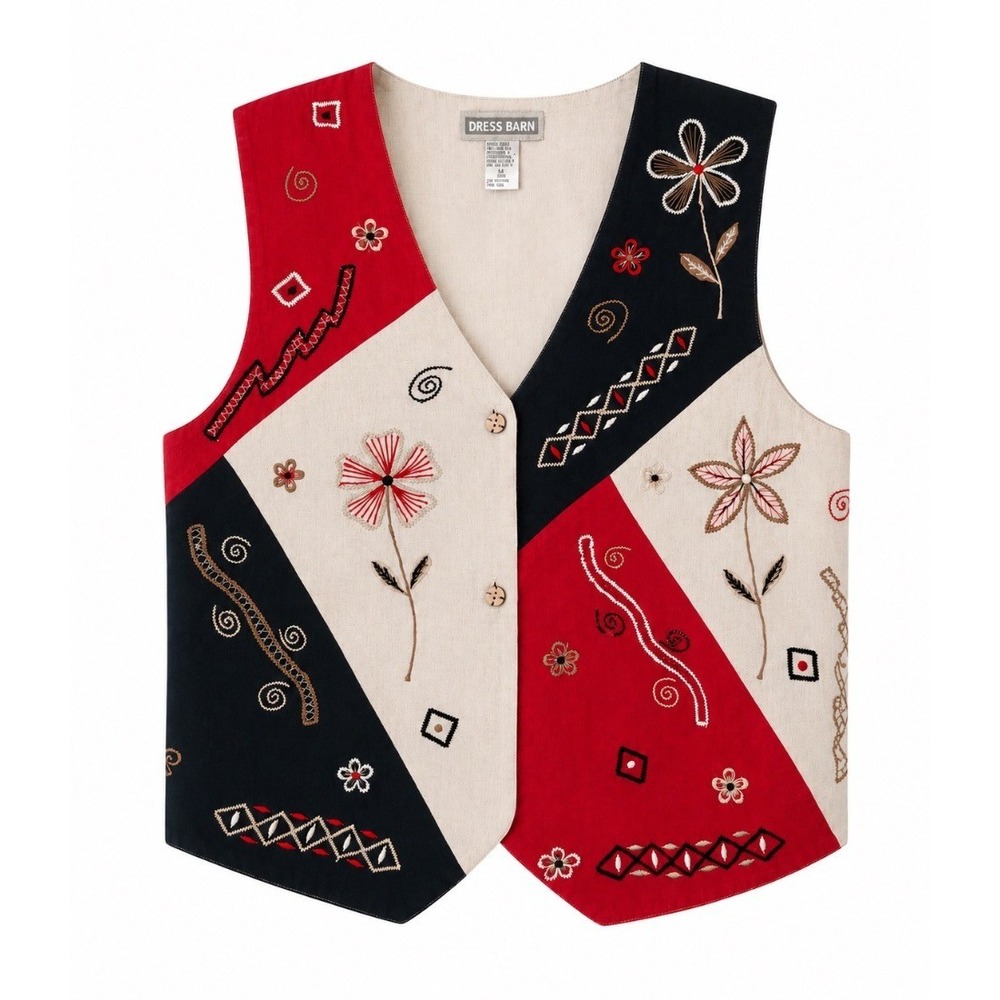 Dress‎ Barn Womens Vest Linen Cotton Patchwork Embroidered Floral Boho Size M